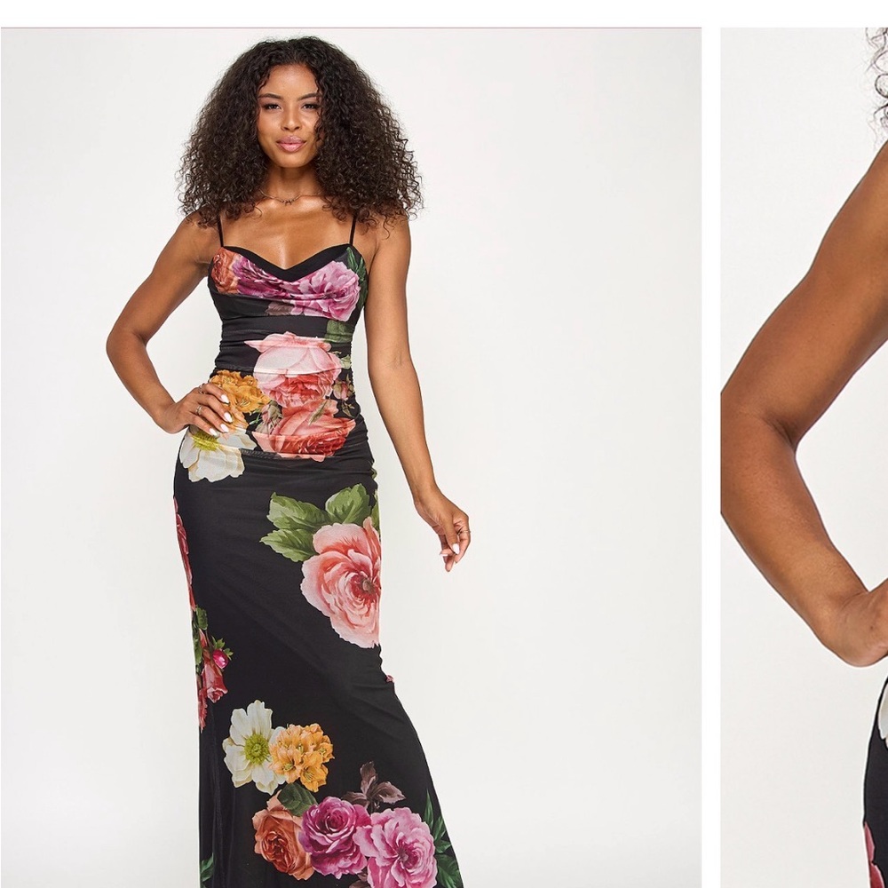 Elegant Floral Maxi Dress - Black with Colorful Blooms